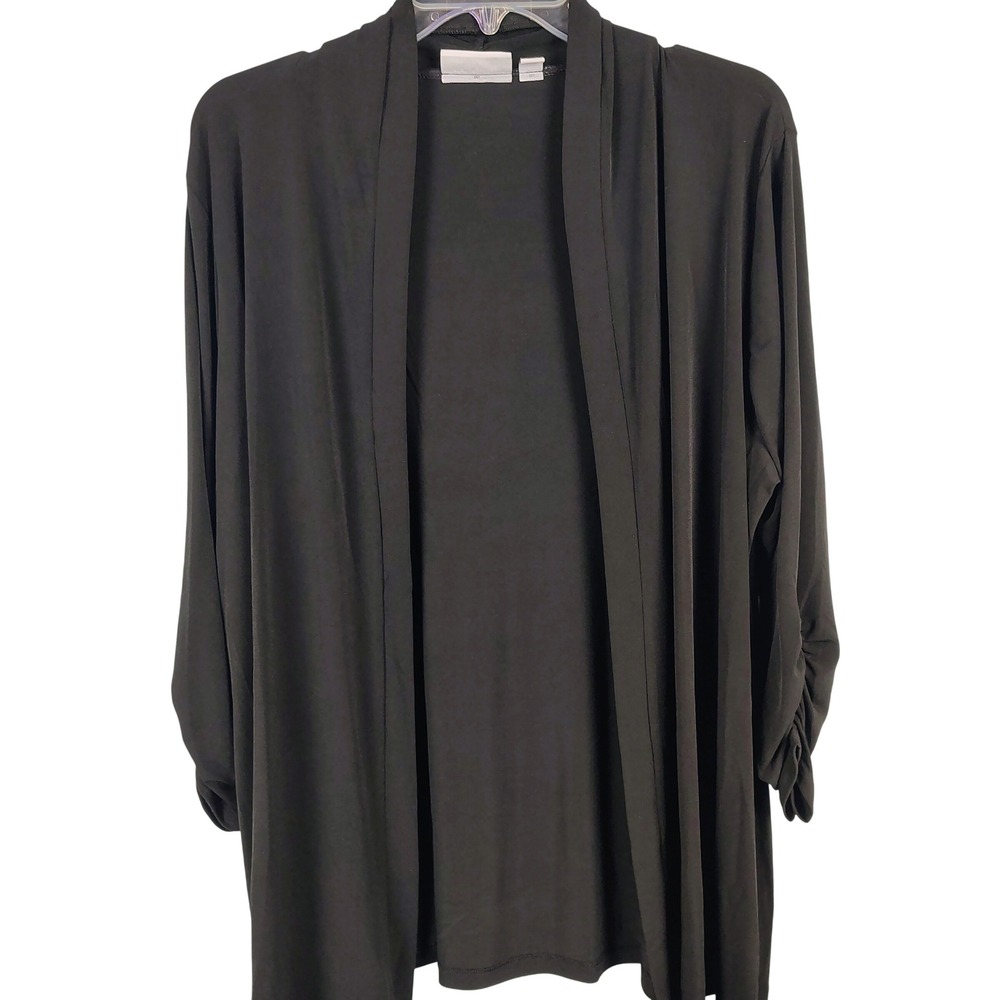 Susan Graver Womens 1X Open Front Cardigan Black Ruched Sleeve Officecore